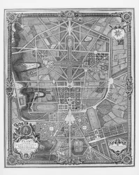 Generalplan der Stadt und des Schlosses von Versailles, mit seinen Gärten, Wäldern und Brunnen
